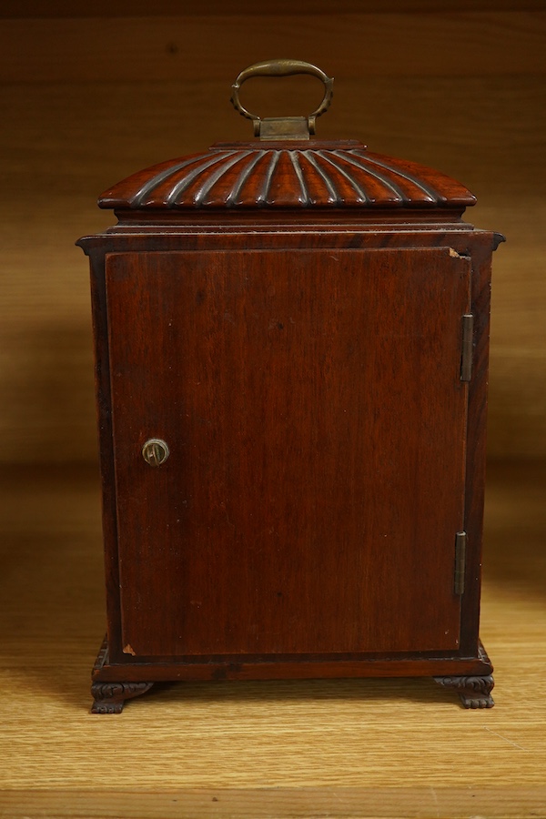 A mahogany mantel clock, retailed by J. W. Benson, c.1930, with engraved silvered dial, with key, 27cm high. Condition - good, untested